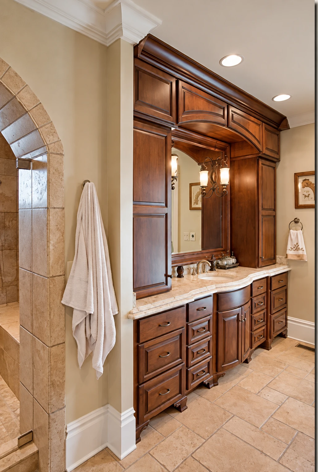 A double vanity framed by tall wood cabinetry and a continuous architectural surround.